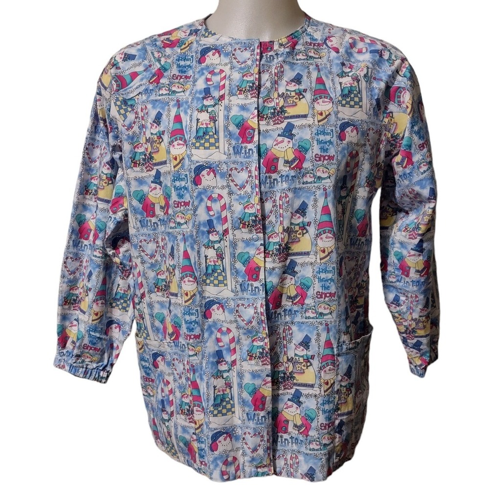 White Swan Scrub Jacket M Wome Winter Snowman Holiday Blue Whimsical Retro Bold